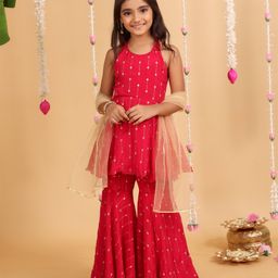 MASTARANG Sleeveless Ethnic Foil Printed Kurta With Coordinating Sharara & Dupatta Set - Fuchsia-image-87