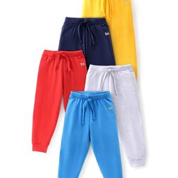 Babyhug Single Jersey Knit Full Length Lounge Pants WithBrand Logo Text Print Pack of 5 - Navy Blue Yellow Red-image-11