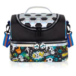 SCHOOLISH Soccer Theme Double Decker Cooler Insulated Lunch Bag for Boys&Girls&Men&Women with Adjustable Strap Lunch Bag for School CAPACITY (9L) - PACK OF 1- BLACK-16