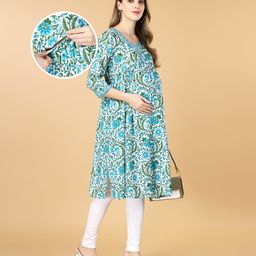 Bella Mama Viscose Woven Three Fourth Sleeves Floral Printed Maternity Kurta with Higlighted Neck & Pocket- White-picture-24