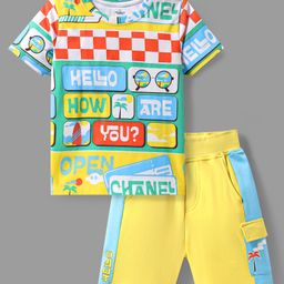 OLLINGTON ST. 100% Cotton Knit Half Sleeves T-Shirt & Shorts with Beach Theme Print - Multicolor & Yellow-image-86