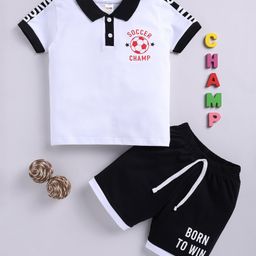 Little Ninja Cotton Half Sleeves Soccer Champ Text Printed Polo Tee & Coordinating Shorts Set - Black-image-26