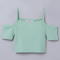 Taffykids Rib Half Sleeves Cold Shoulder Solid Crop Top - Green-picture-26