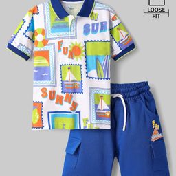 Ollington St. Cotton Knit Half Sleeves Beach Theme Printed Polo T-Shirt & Knit Shorts Set - White & Royal Blue-image-38