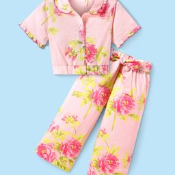 CrayonFlakes Cotton Half Sleeves Floral Printed Shirt Style Crop Top & Coordinating Belted Palazzo Set - Pink-image-21