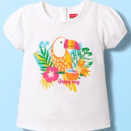 Babyhug Cotton Knit Half Puffed Sleeves T-Shirt with Bird Print - White-image-82