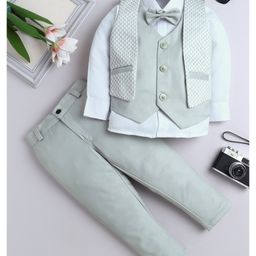 Fourfolds Cotton Full Sleeves Geometric Printed 3 Piece Party Suit With Bow Set - Green-image-39