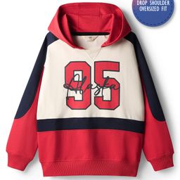 Primo Gino 100% Cotton French Terry Full Sleeves Drop Shoulder Colour Block Hooded Sweatshirt with Front & Back Text Print - Multicolor-picture-5