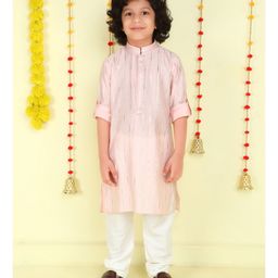 Ministitch Cotton Woven Full Sleeves Foil Striped Kurta Pyjama Set - Peach-image-56