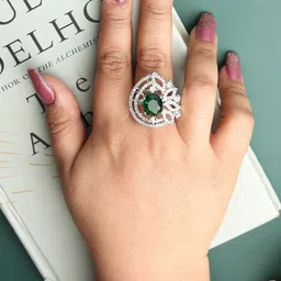 DIVASTRI Rhodium-Plated White and Green CZ Studded American Diamond Adjustable Ring-picture-23
