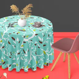 ArtzFolio Turquoise Blue Foliage Print Anti-Slip Round 6-Seater Table Cover-24