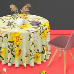 ArtzFolio Yellow Floral Print Anti-Slip Round 6-Seater Table Cover-image-15