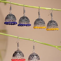 Sangria Set Of 3 German Silver-Plated Artificial Beaded Oxidised Jhumkas-74