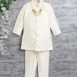 Ahhaaaa Kids White Embellished Full Sleeves Sherwani Set-image-22