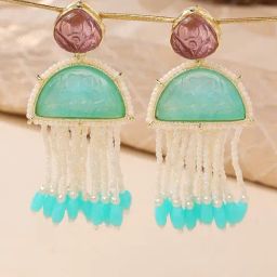 Zaveri Pearls Turquoise & Purple Stone Embellished Beaded Strings Fringe Drop Earring-ZPFK14826-29