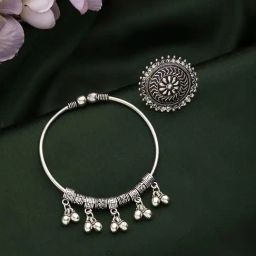 Aatmana Oxidized Silver-Plated & Ghungroo Beaded Bracelet with Textured Ring-4