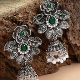 Karatcart Oxidized Silver Floral Design Green Stone Dangler Earrings for Women-45
