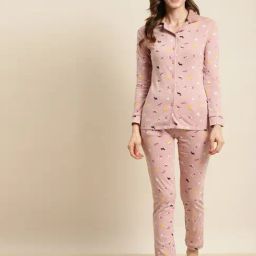 Sweet Dreams Dusty Pink Cotton Printed Shirt With Pyjamas-image-95