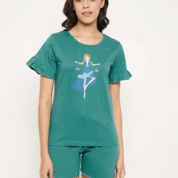 Clovia Green Graphic Print Top With Shorts-image-29