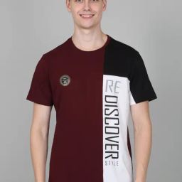 Cantabil Maroon Regular Fit Colour Block T-Shirt-image-62