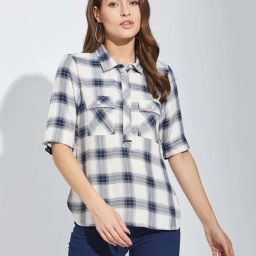 Latin Quarters White & Blue Regular Fit Checks Top-image-99