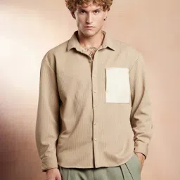 Campus Sutra Ecru Beige Block-Patch Oversized Shirt-picture-33
