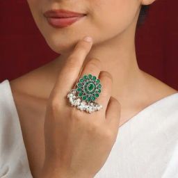 Teejh Bhakti Silver Oxidized Green Ring-23