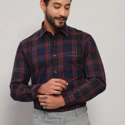 Cantabil Maroon Cotton Regular Fit Checks Shirt-image-16
