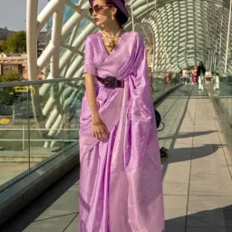 Vardha Lilac & Silver Chequered Saree With Unstitched Blouse-picture-37