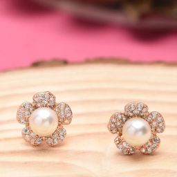Zaveri Pearls Flower Shape Sparkling Cubic Zirconia & Pearl Stud Earrings-ZPFK9464 image 1