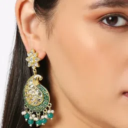 OOMPH Green Meenakari Ethnic Kundan in Kairi Design Dangler Earrings image 2