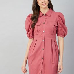 Athena Women Pink Solid Puff Sleeves Shirt Dress with Pockets Detail-picture-19