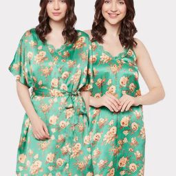 Clovia Green Satin Regular Fit Floral SleepwearRobes-image-68