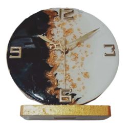 CHRONIKLE Golden Epoxy Resin Round Handmade With Shade Analog Table Top Office Desk Clock image 1