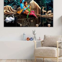CHRONIKLE Multicolor Wood Radhe Krishna Sitting With Deer & Duck In Nature 3D Wall Painting-Set of 3 image 1