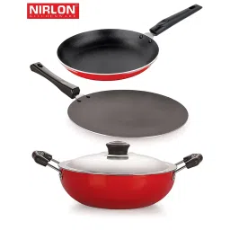 Nirlon Non-Stick Red Aluminium A Flat Bottom & A Single Long H & le Combo set of 4 pieces image 1