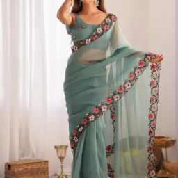Saree Mall Sea Green Organza Embroidery Saree with Blouse Piece-image-58