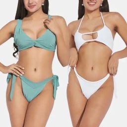 Secrets By ZeroKaata Green & White Plain Swimwear Bikini-image-69