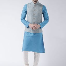 KISAH Men Blue Solid Banarasi Kurta with Churidar & Nehru Jacket-picture-31