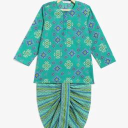 Campana Kids Green & Blue Cotton Printed Full Sleeves Kurta & Dhoti-picture-1