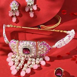 Zaveri Pearls Pink Meenakari Cascading Waterfall Choker Necklace Earring & Ring Set-ZPFK15895-image-9