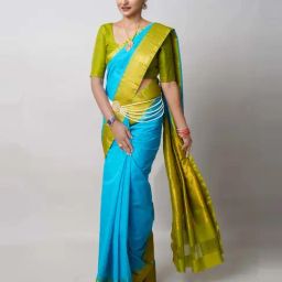 Unnati Silks Blue & Green Cotton Woven Saree With Unstitched Blouse-image-52