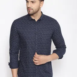 SHOWOFF Men Navy Blue & Grey Cotton Classic Slim Fit Printed Casual Shirt-image-134