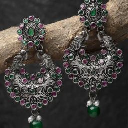 Karatcart Oxidized Silver Drop Shape Peacock Purple And Green Stone Dangler Earrings for Women-27