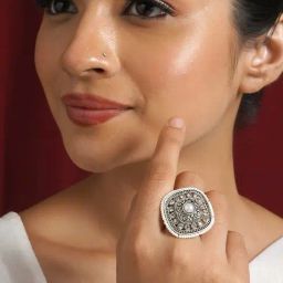 Teejh Chimnabai Silver Oxidized White Ring-33