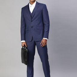 Louis Philippe Men Blue Checked Slim Fit Single Breasted 3 Piece Formal Suit-image-91