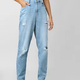 ONLY UNIQUE COLLECTION Women Blue Straight Fit High-Rise Mildly Distressed Jeans-image-4