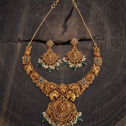 Kushal's Fashion Jewellery Ruby-Green Gold-Plated Ethnic Antique Jewellery Set-image-75