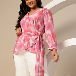Sztori Plus Size Tie & Dye Smocked Tie-Up Detail Georgette Front-Open Wrap Top-image-17