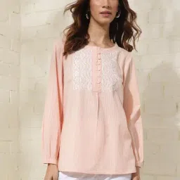 Fabindia Peach Cotton Embroidered Tunic-image-81